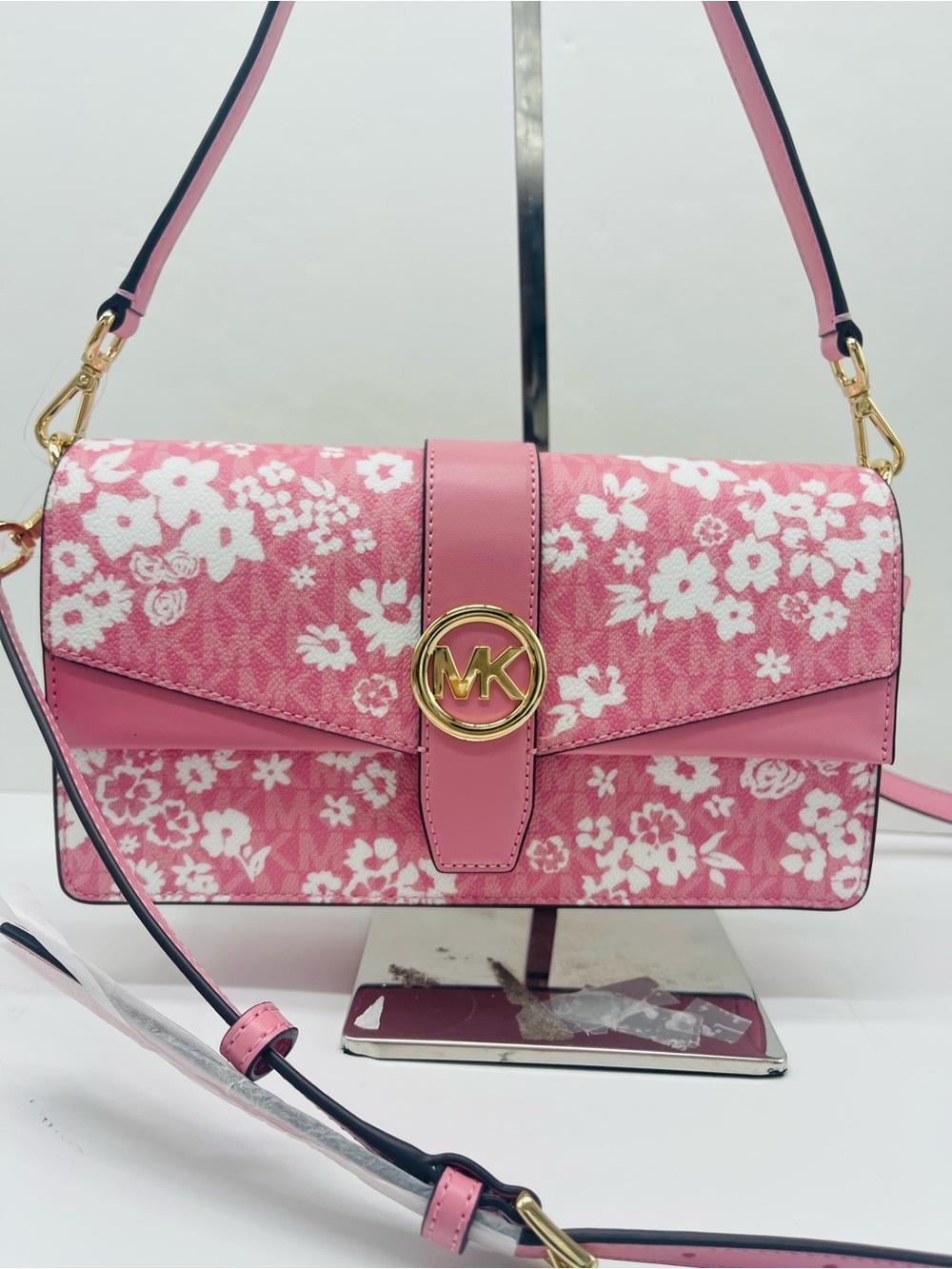 MICHAEL KORS Greenwich Md Printed MK Logo Convertible Shoulder
Carnation 
NWT